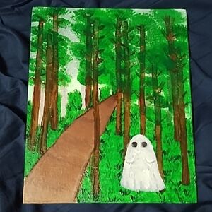 Forest Painting in Green and Brown with Ghostly Figure